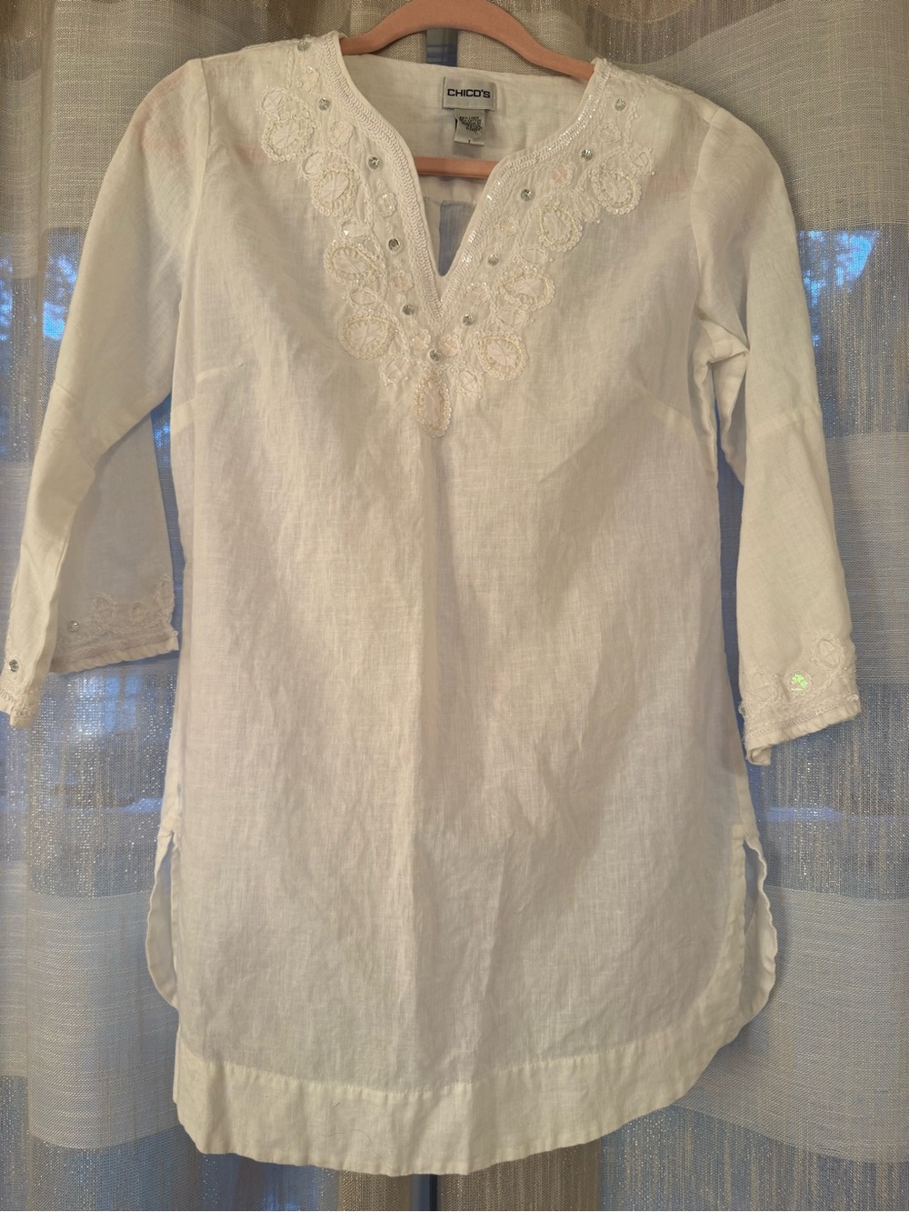 Chico's Embroidered Linen Blend Tunic in White